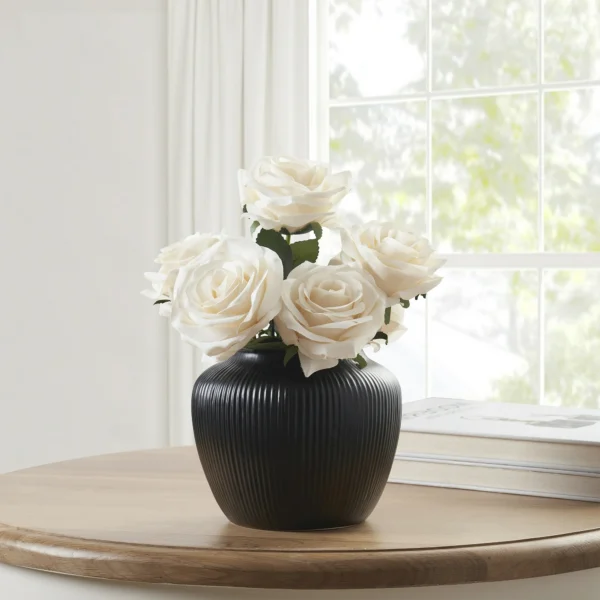 5" Black Textured Stripe Round Stoneware Vase - Image 2