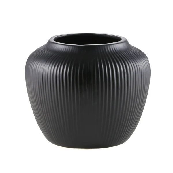 5" Black Textured Stripe Round Stoneware Vase